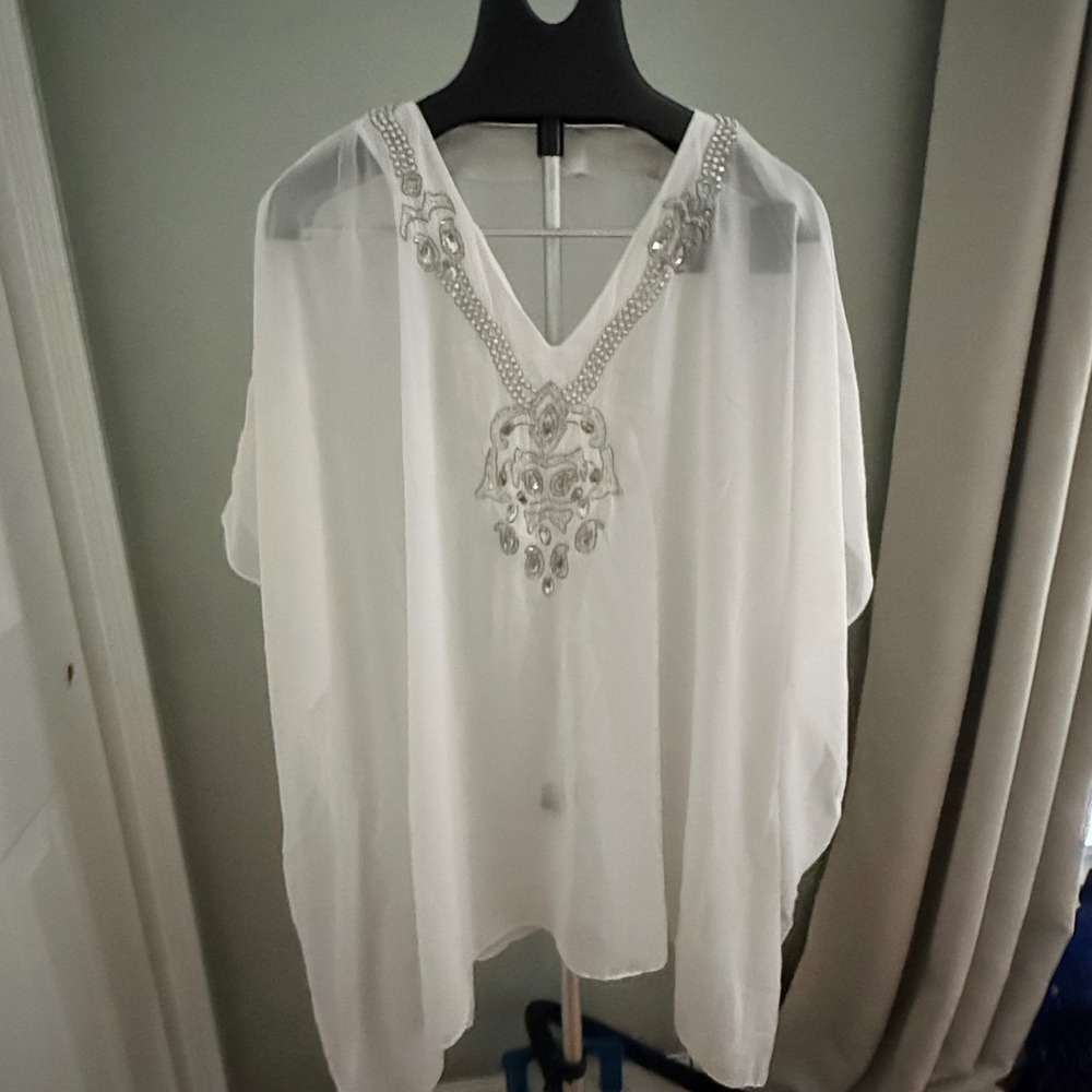 White Beaded Chiffon Caftan Blouse Boho Resort Beach Cover Up Tunic Plus Size